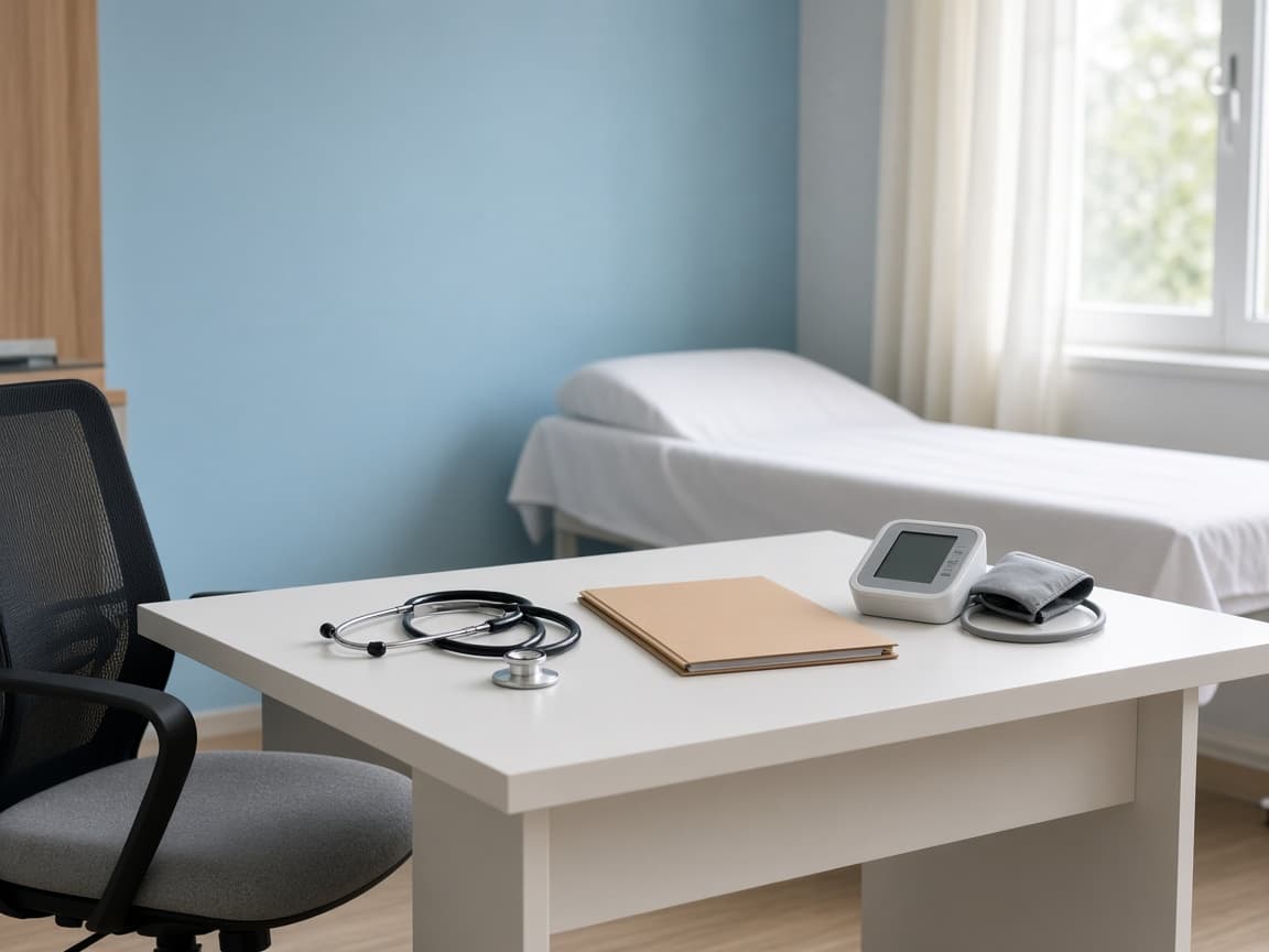 Consultation room with an examination couch at Param Hospital