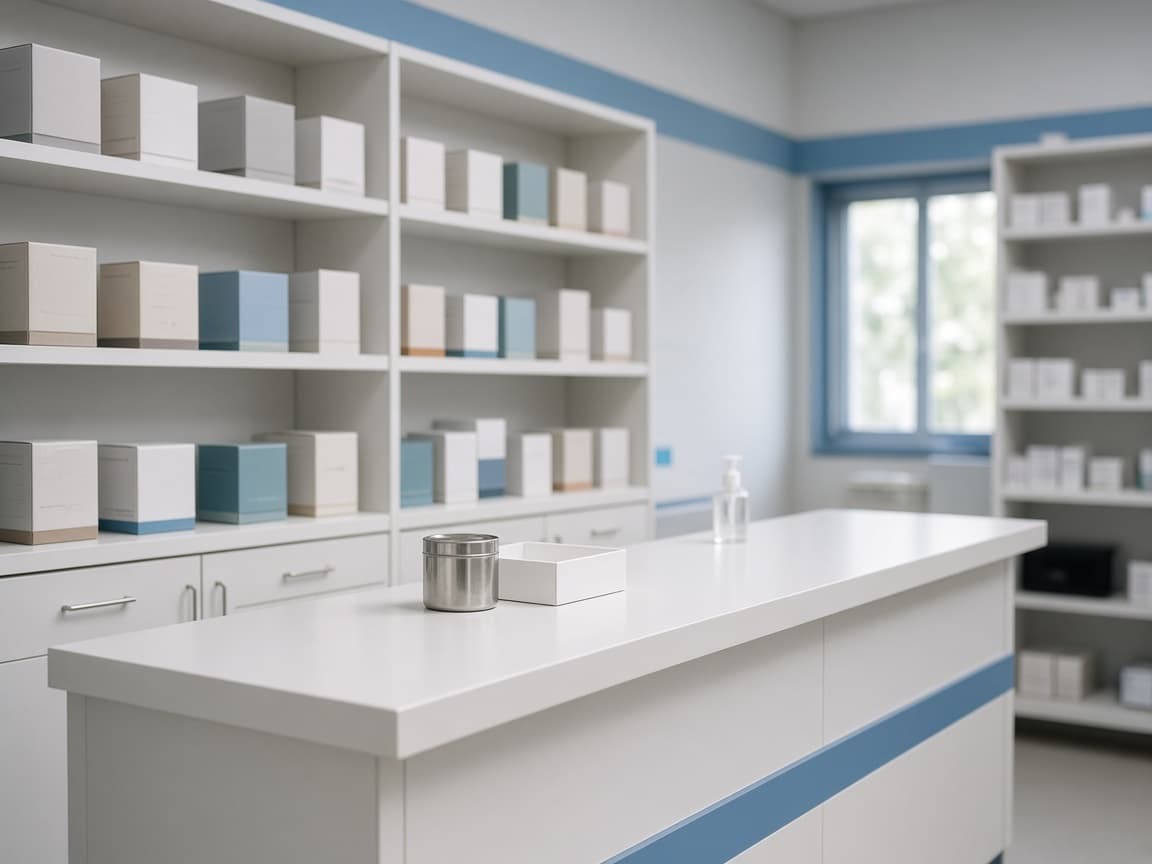 In-house pharmacy counter and medicine shelves at Param Hospital